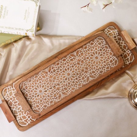 طقم صواني ضيافة مستطيل خشب منقش ابيض D252